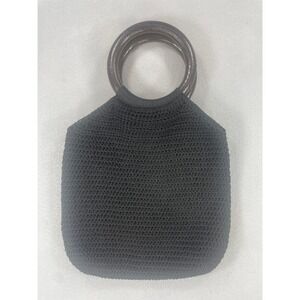 Vintage Black Crochet Handbag Round Tortoiseshell Handles Boho Tote Bag RN 79124